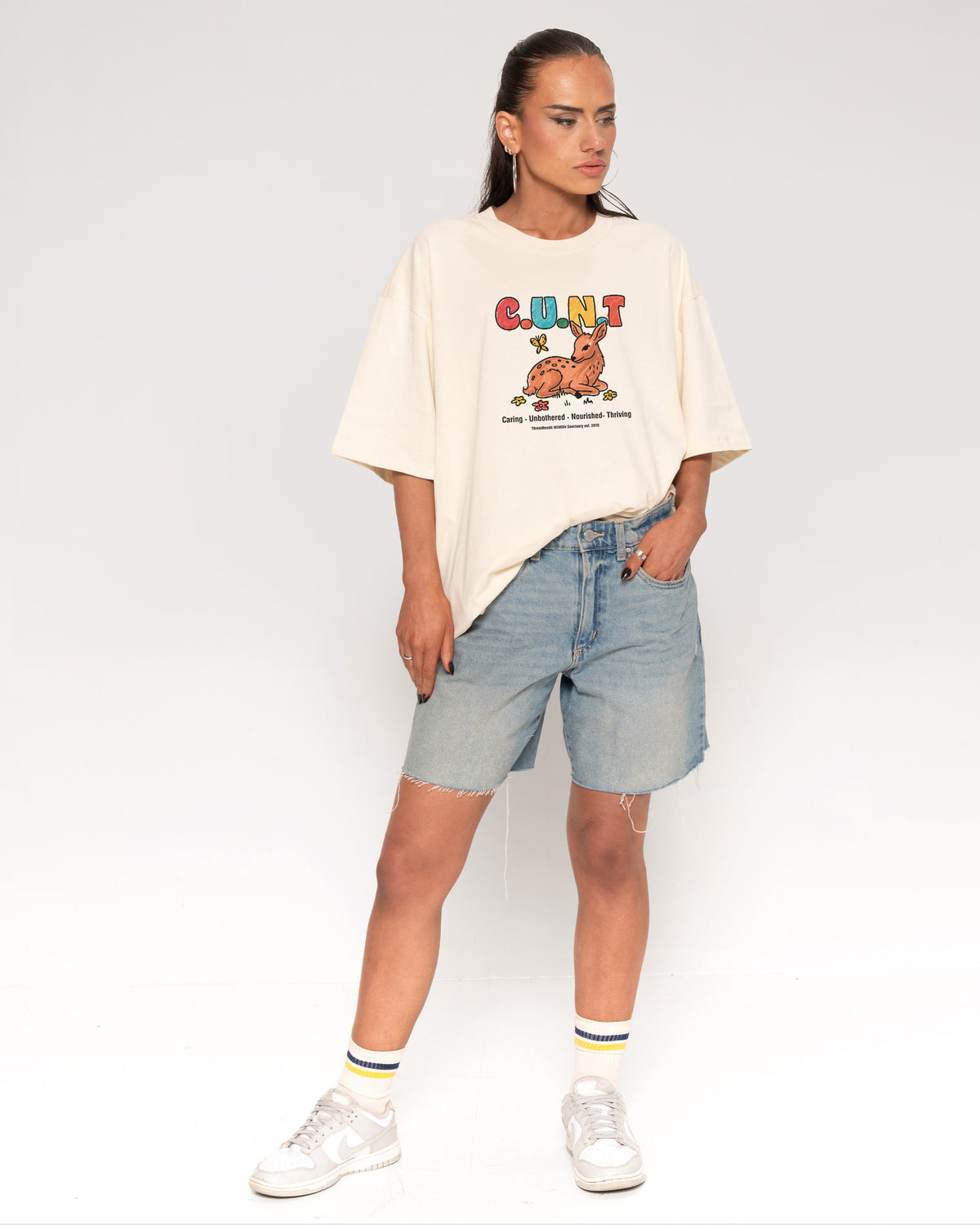 Caring Unbothered Nourished Thriving Natural Oversized Tee