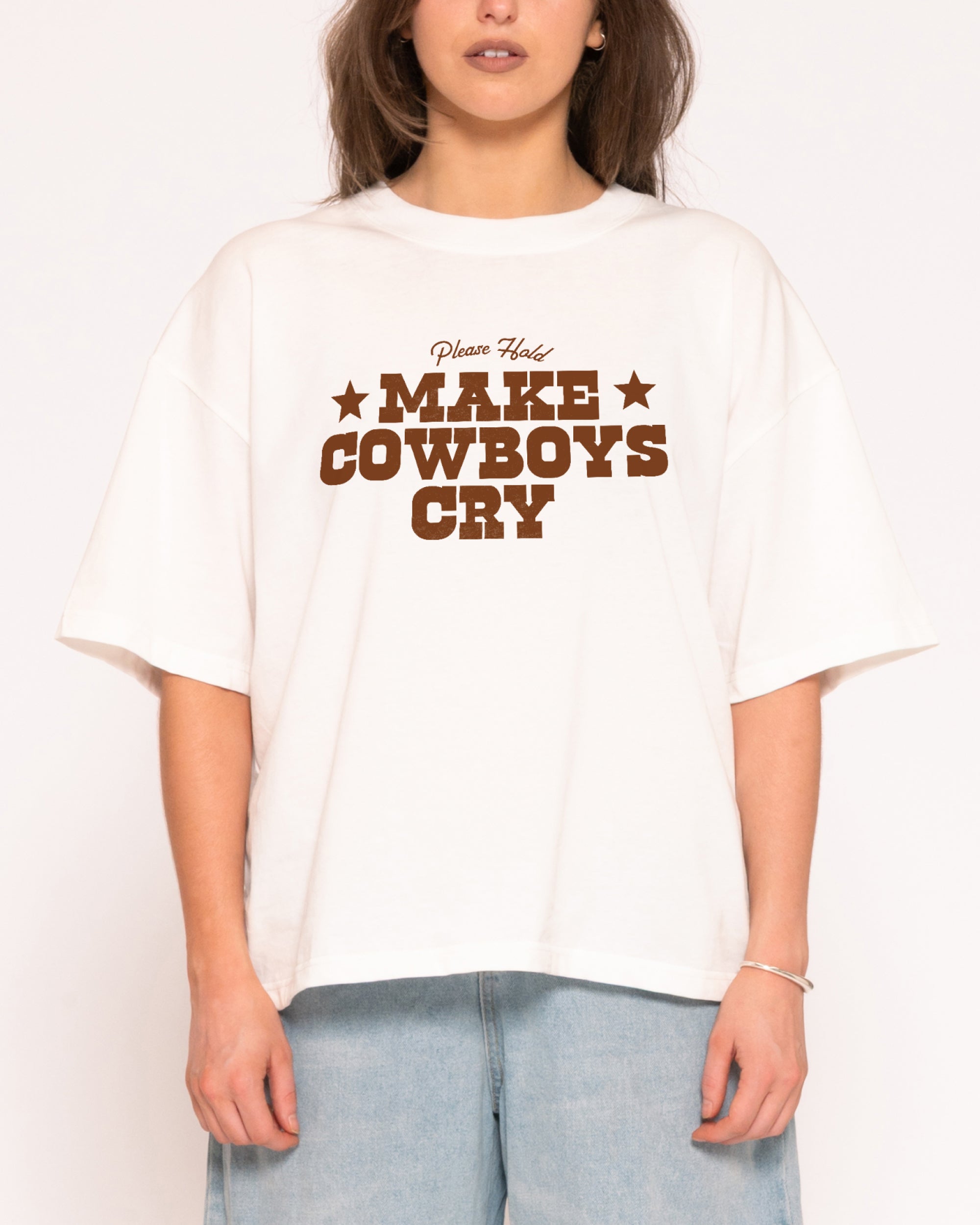 Make Cowboys Cry Natural Boxy Crop Tee