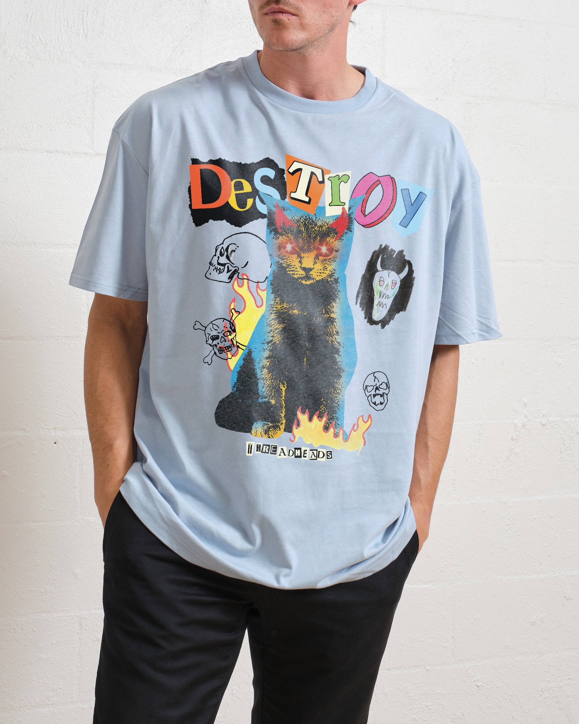 Destroy Cat T-Shirt Australia Online Pale Blue