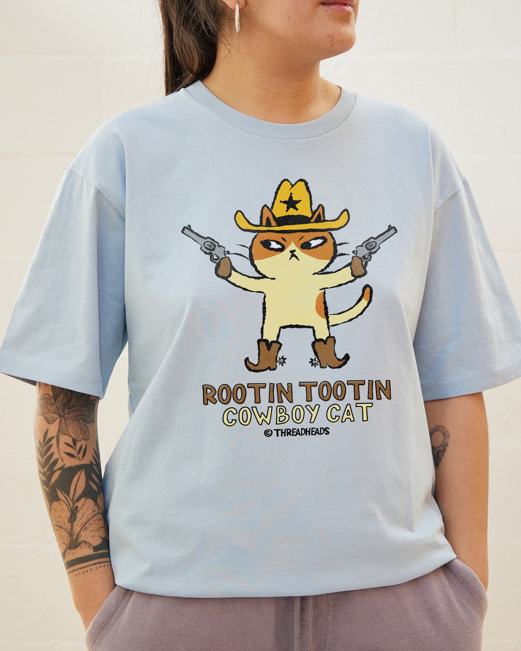 Rootin Tootin Cowboy Cat T-Shirt Australia Online Pale Blue