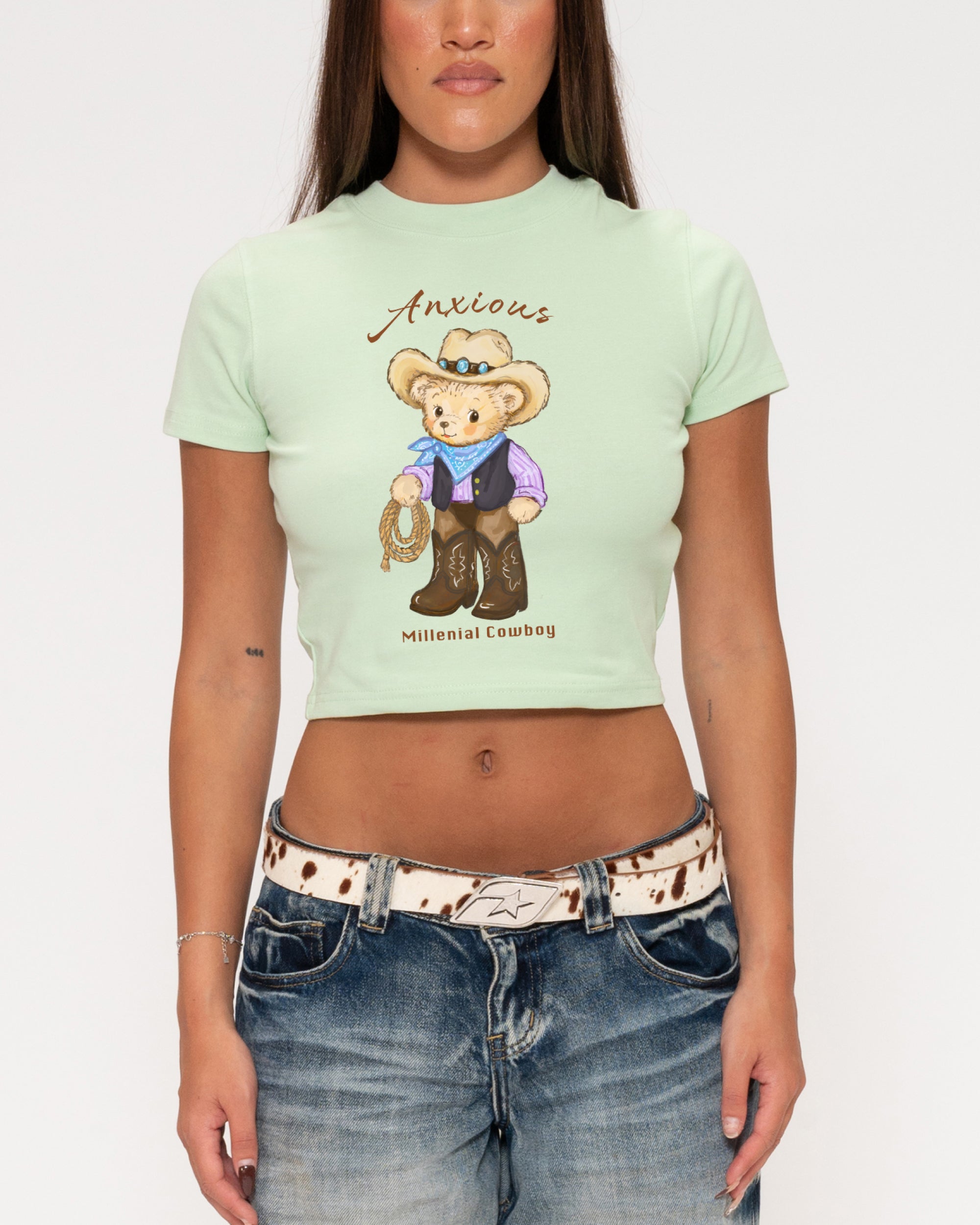 Anxious Millenial Cowboy Green Baby Tee