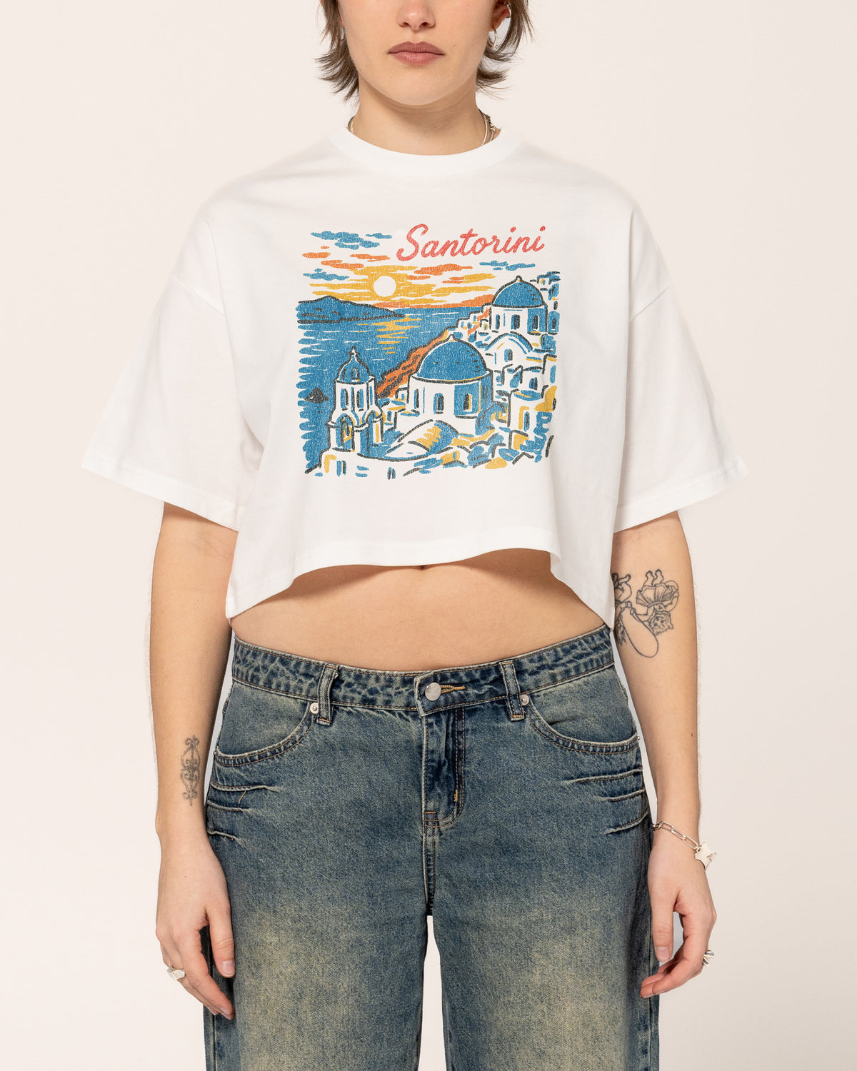 Santorini Sunset White Crop Tee