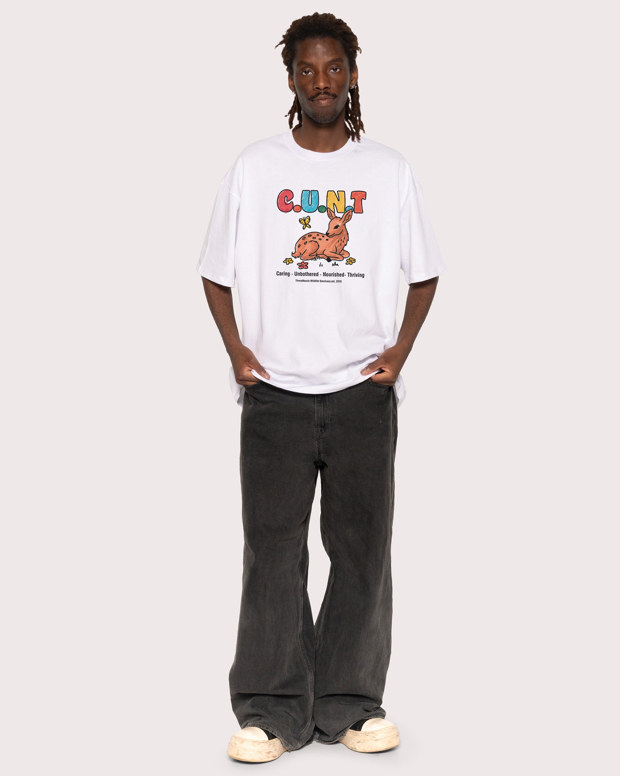 Caring Unbothered Nourished Thriving White Oversized Tee