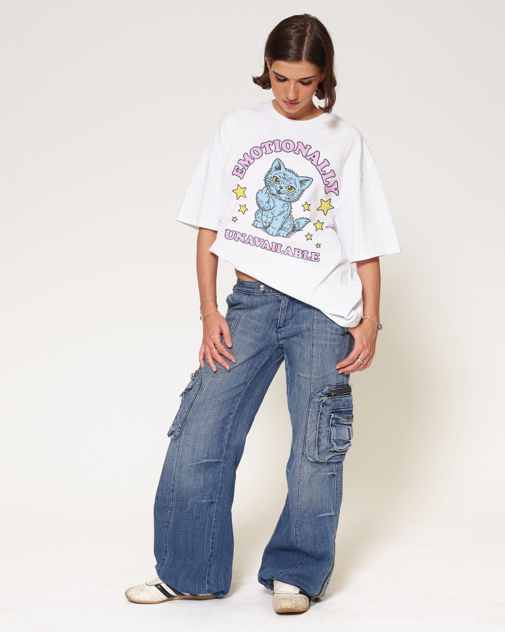 Emotionally Unavailable Cat White Oversized Tee