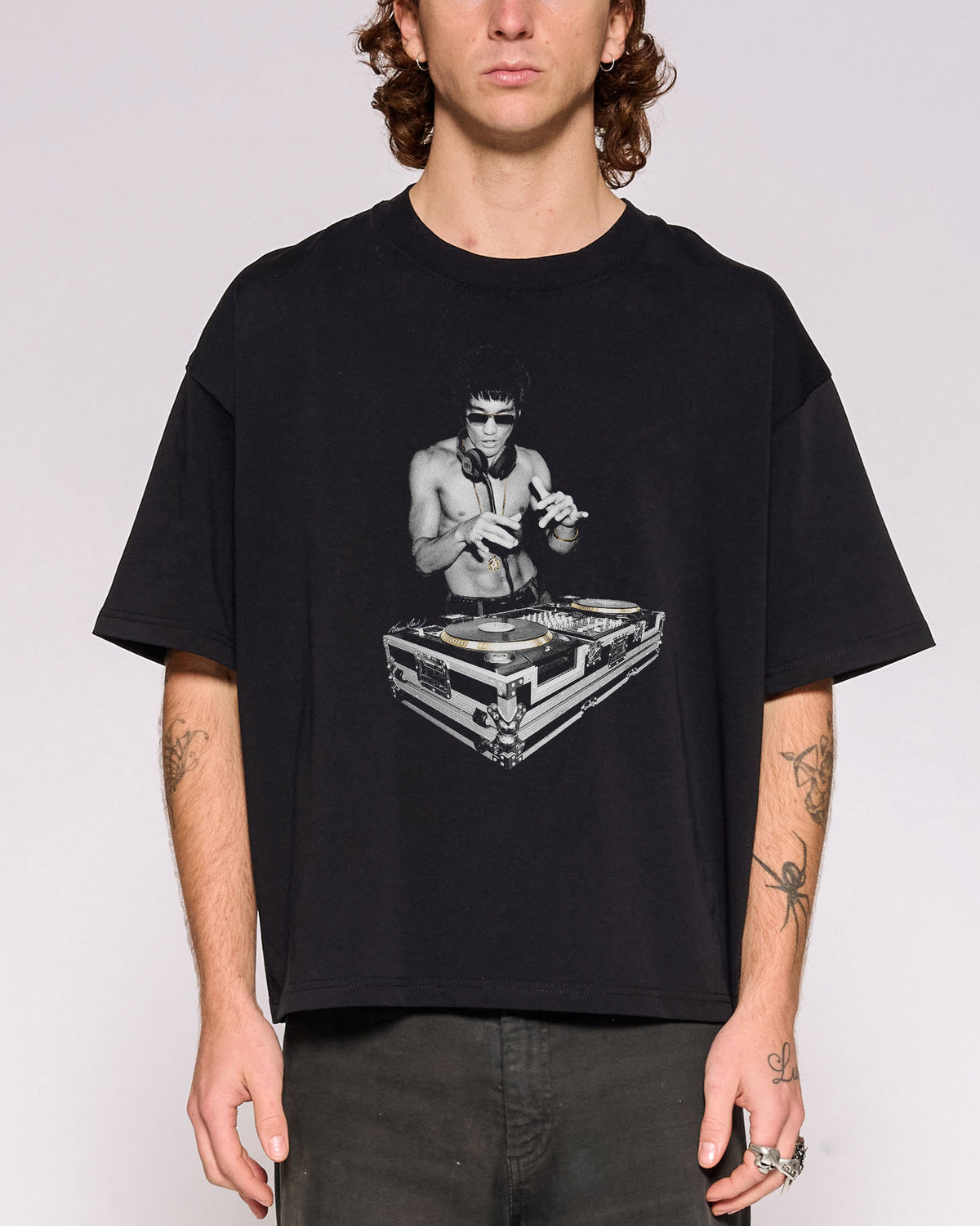 DJ Bruce Lee Black Oversized Crop Tee Close-Up