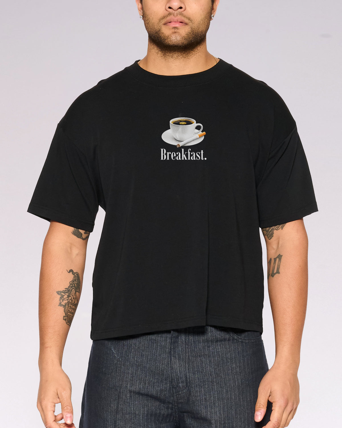 Breakfast Coffee Black Oversized Crop Tee Close-Up