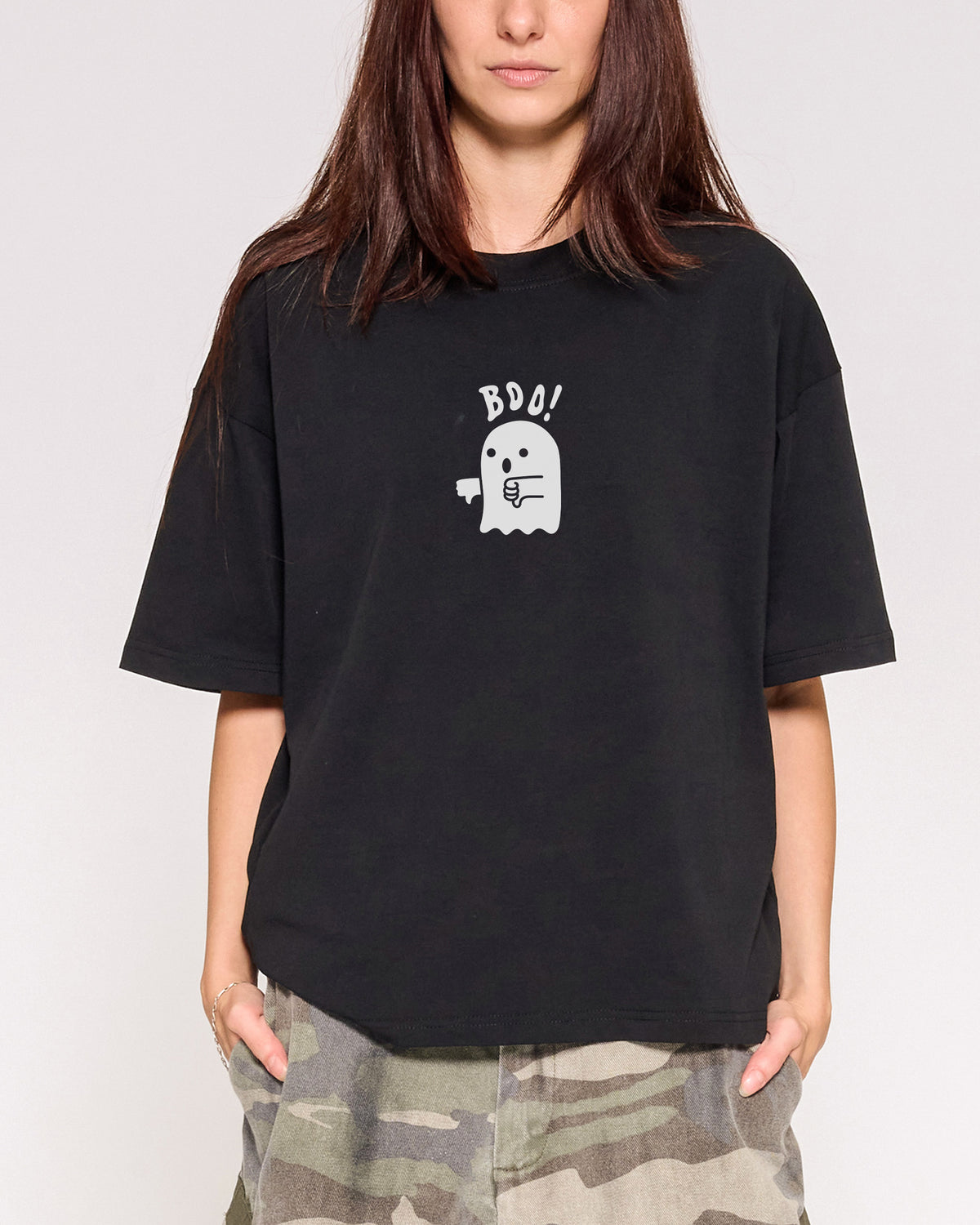 Boo Ghost Black Oversized Crop Tee Close-Up