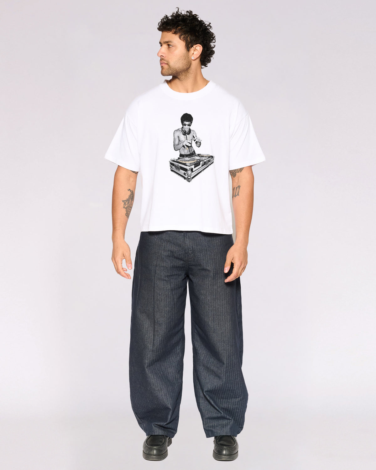 DJ Bruce Lee White Oversized Crop Tee Full-Body
