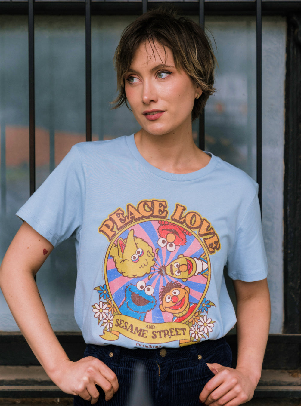 Peace Love And Sesame Street T-Shirt Australia Online #colour_pale blue