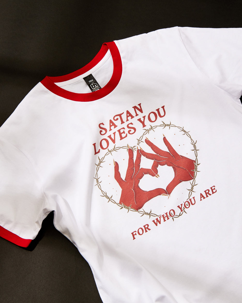 Satan Loves You T-Shirt Australia Online #colour_red ringer