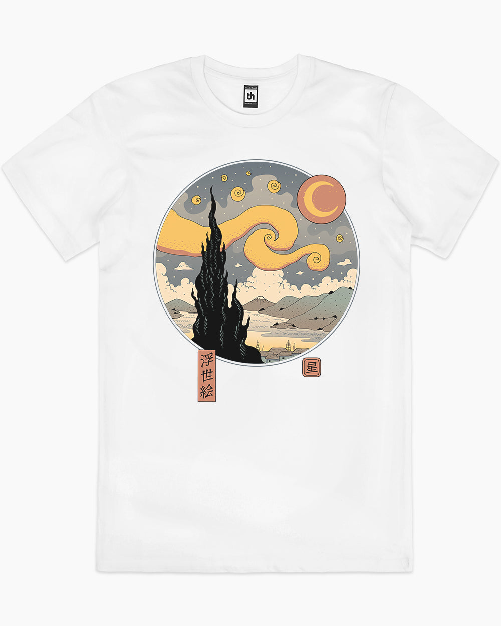 Starry Ukiyo-e Night T-Shirt Australia Online #colour_white