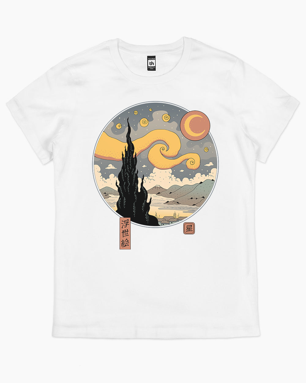 Starry Ukiyo-e Night T-Shirt Australia Online #colour_white