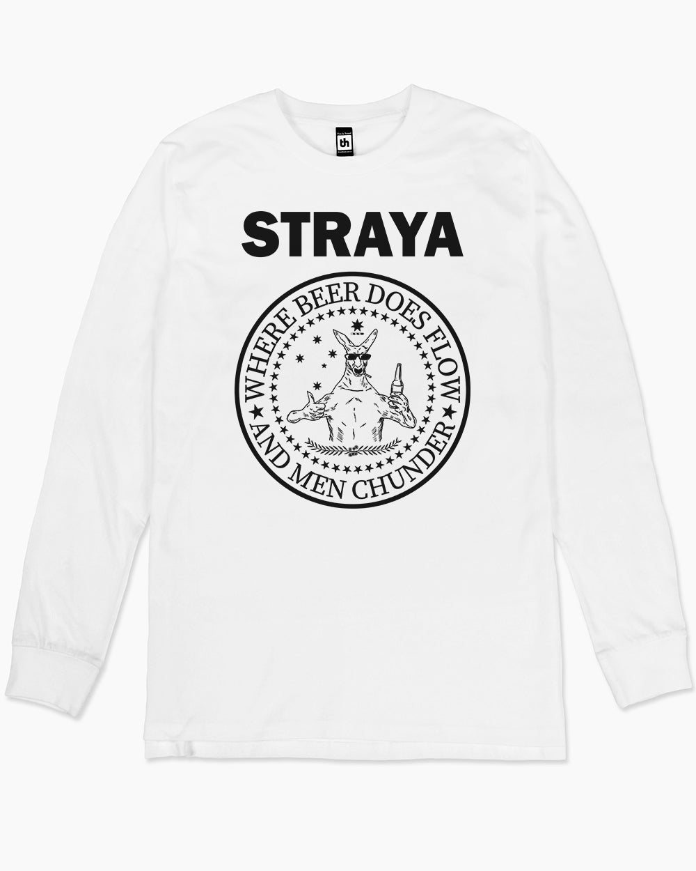 Straya - Where Beer Does Flow & Men Chunder Long Sleeve Australia Online #colour_white