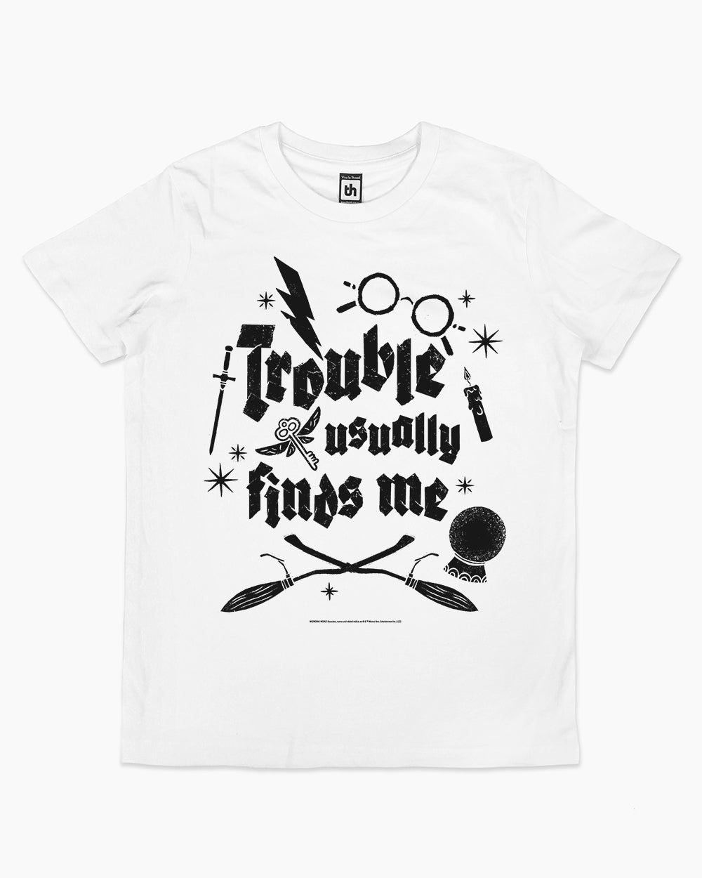 Trouble Usually Finds Me Kids T-Shirt Australia Online #colour_white